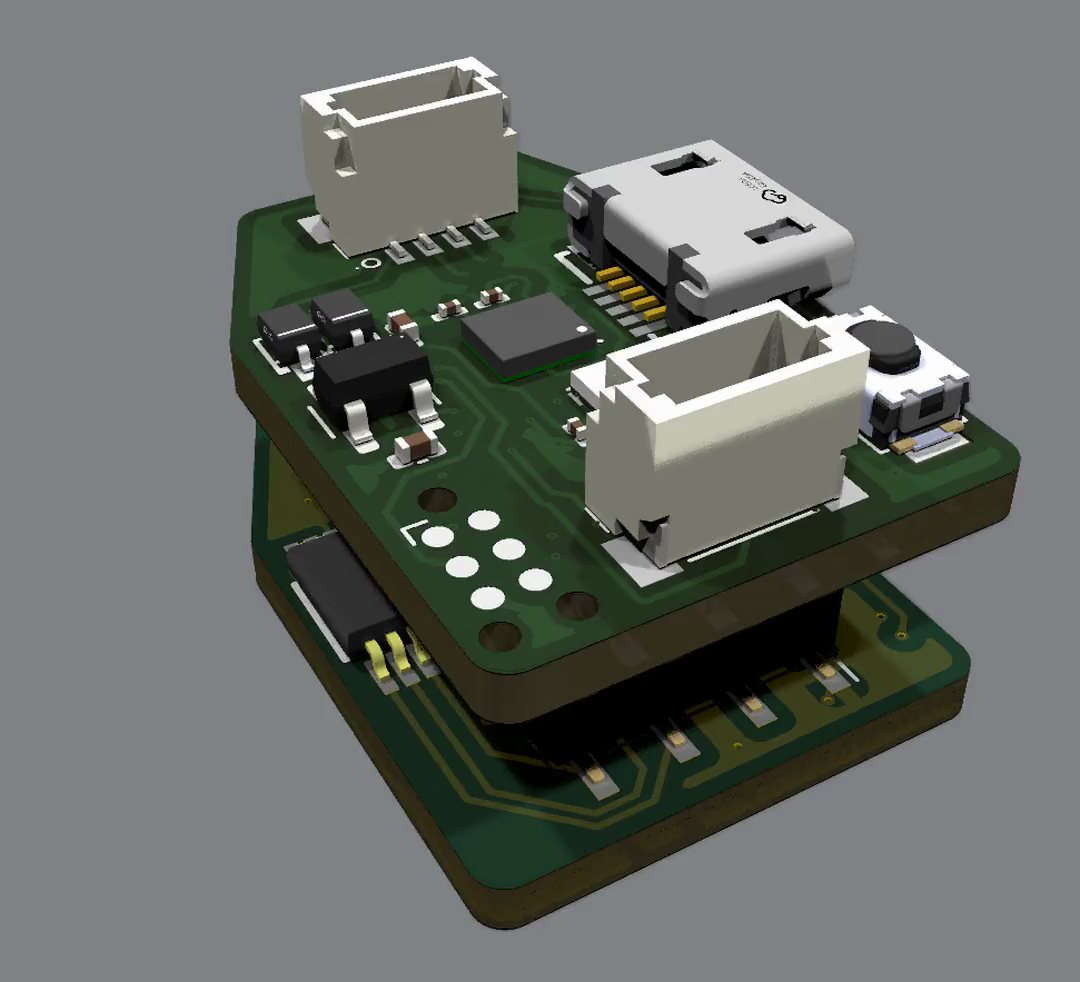 Render of the 30-pin readout pair stacked: the top board with the USB connector and two bus connectors over the bottom board that holds the 30-position flex connector.