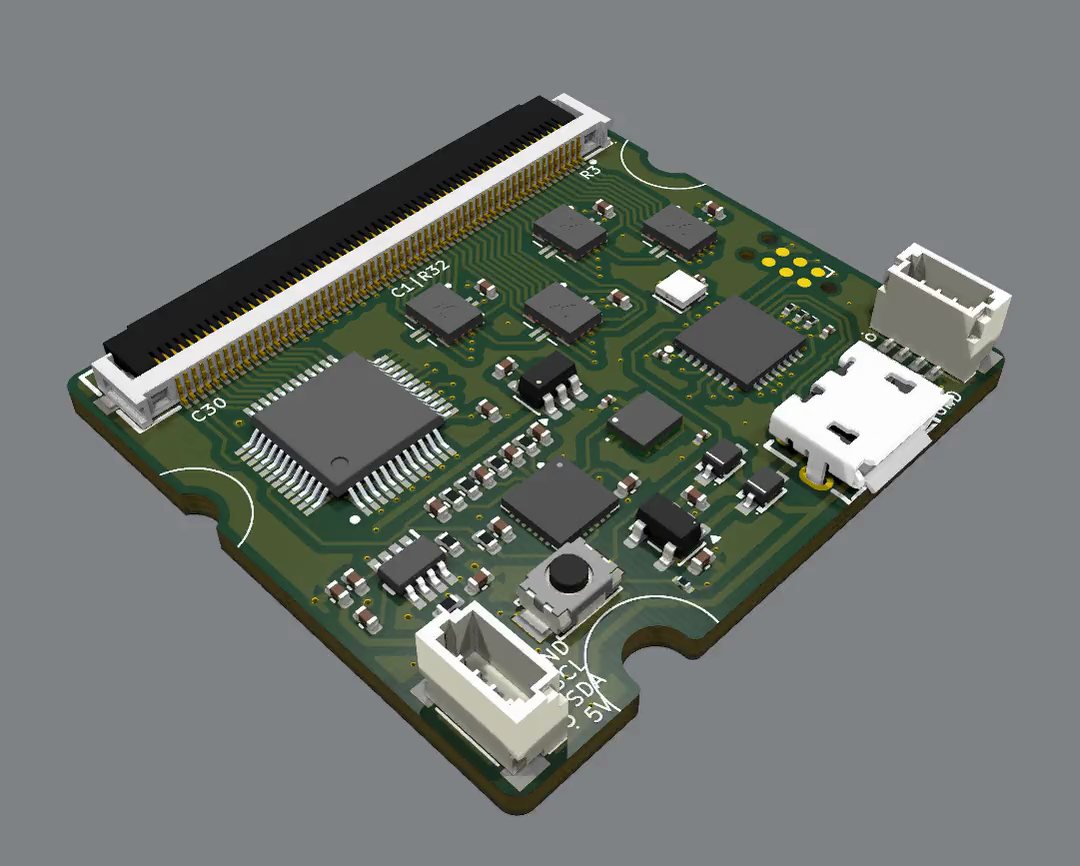 Render of the 60-pin readout board: the 60-position flex connector along one edge, the microcontroller, multiplexer and shift registers, the USB connector and two bus connectors.