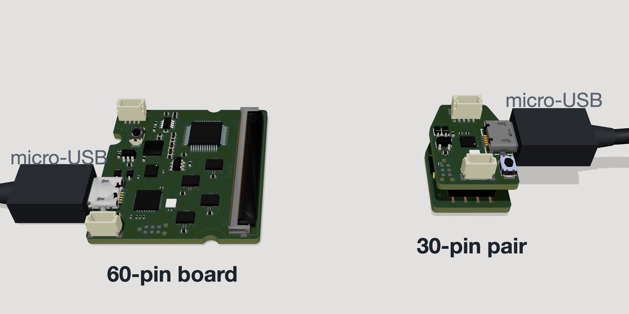 Render of the 60-pin readout board and the stacked 30-pin pair, each with a micro-USB cable plugged into the micro-USB socket at its edge.