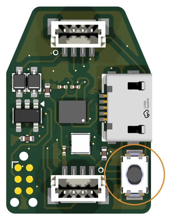 Top-view render of the top board of the 30-pin pair with the BOOT0 push button circled, at its right edge.