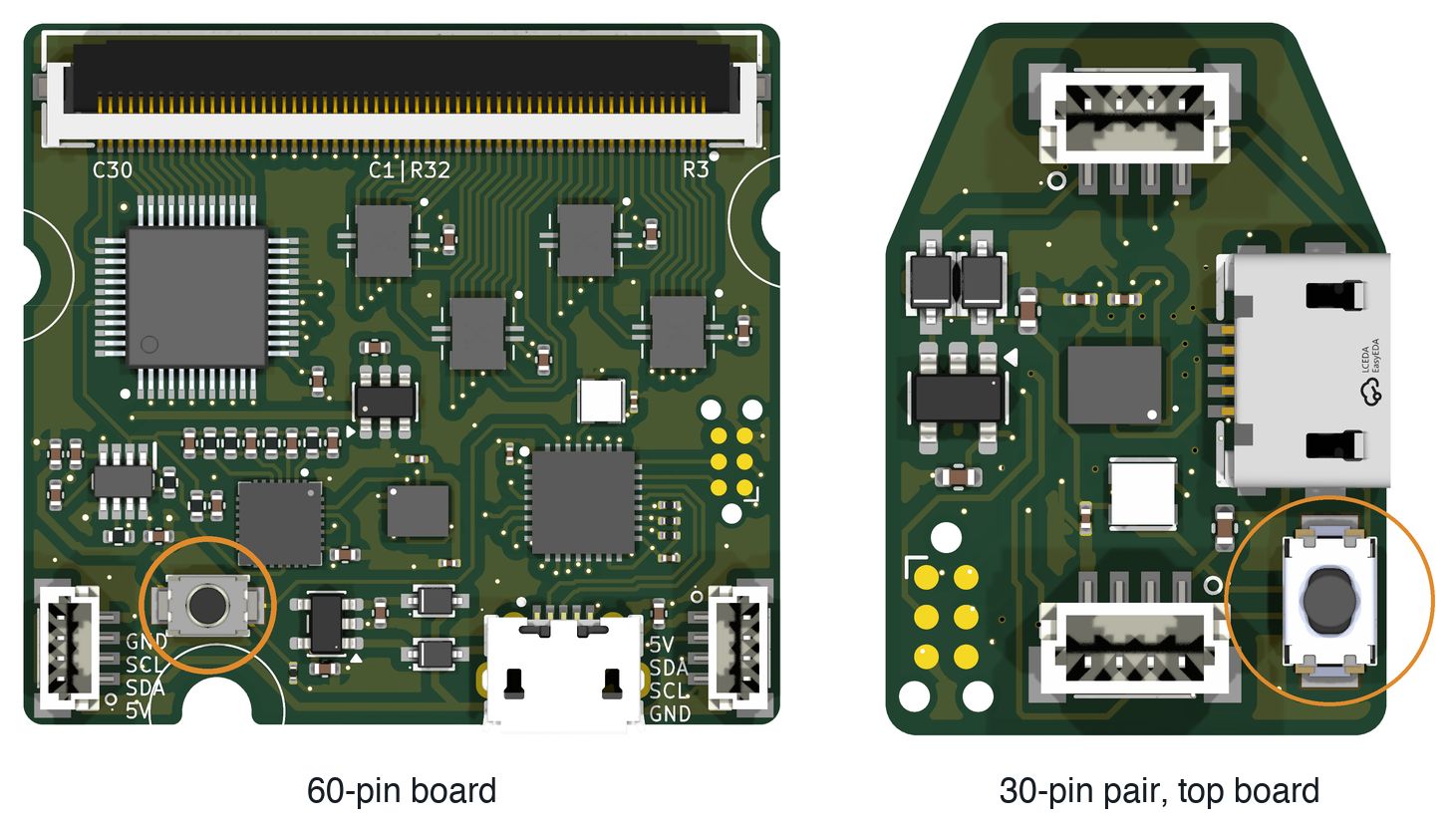 BOOT0 buttons circled on the 60-pin board, near its lower-left corner, and the 30-pin top board, at its right edge.