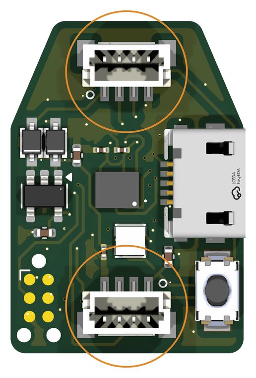 Top-view render of the top board of the 30-pin pair with its two 4-pin JST-SH connectors circled, one at the top edge and one at the bottom edge.