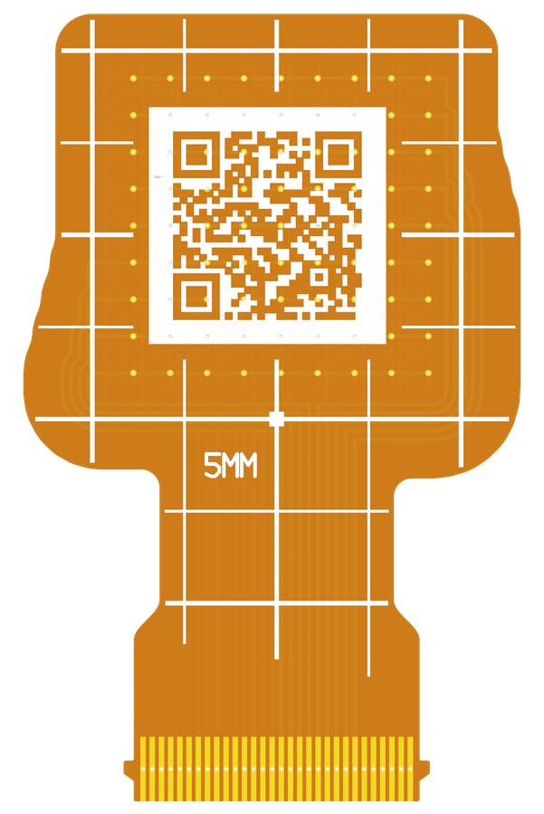 KiCad render of the back of the 9 by 9 patch example: amber flex with a white millimetre grid, the QR code in a white square, and the gold connector fingers at the end of the tail.