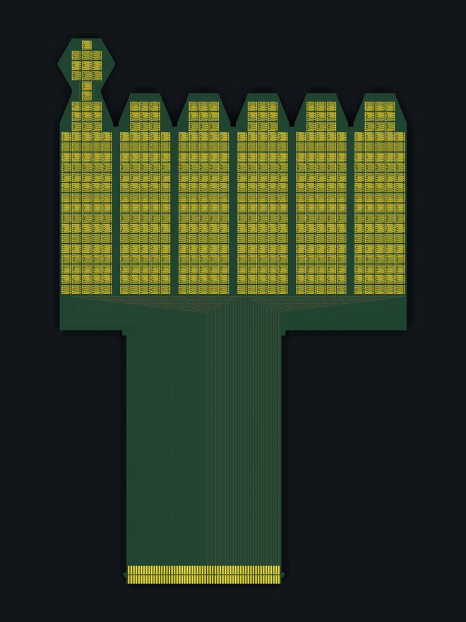 The D'Claw fingertip sensor unfolded: six strips of taxels side by side, each with a pointed leaf at the top, a small hexagon above the first strip, and a single tail running down to a 60-pin connector.