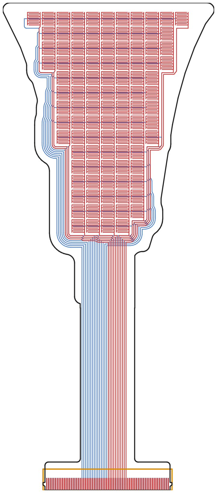 Gerber view of a sensor: front copper red, back copper blue, cut line black, and the stiffener outline in amber over the connector contacts.
