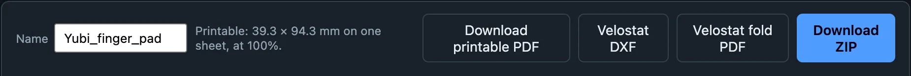 Download bar with the design name, printable dimensions, PDF template, piezoresistive-layer cutting files and ZIP export.