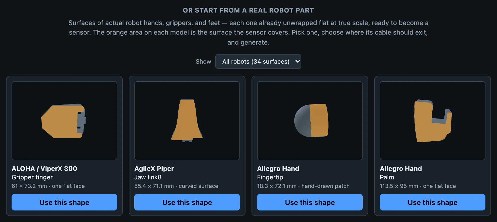 OpenTac-CAD's start screen: the robot gallery, with cards for the ALOHA ViperX 300 gripper finger, the AgileX Piper jaw, an Allegro Hand fingertip and the Allegro Hand palm, each with its sensor surface in orange and a Use this shape button.